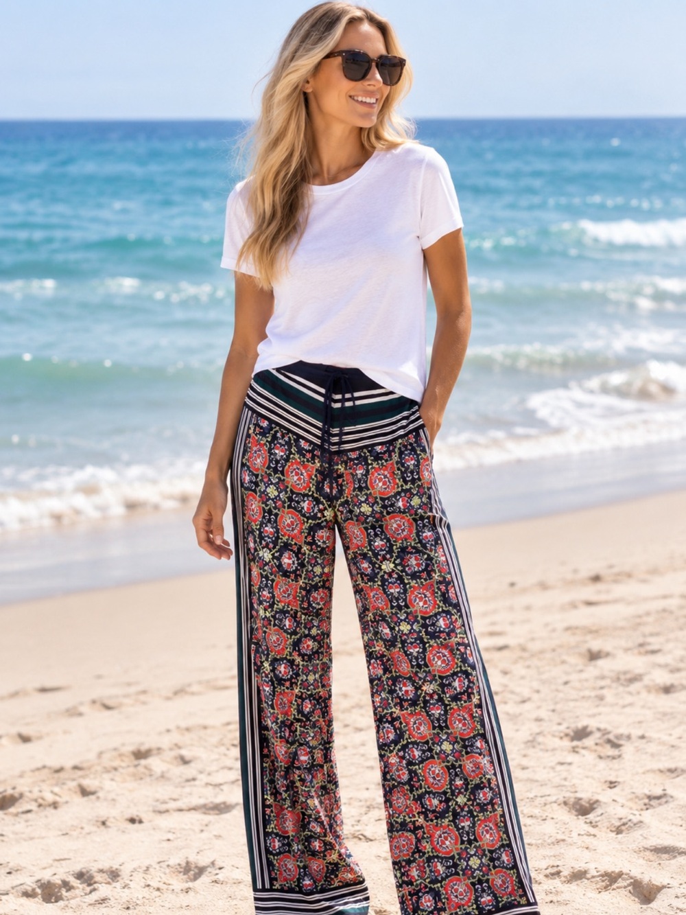 Clover Canyon Navy Floral Wide-Leg Pants with Red and Green Accents XS